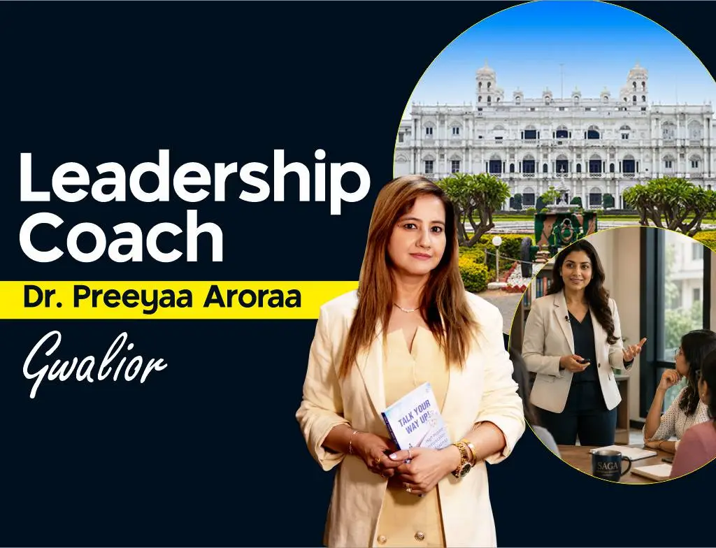 Dr. Preeyaa Aroraa, a leadership coach in Gwalior, holding her book 'Talk Your Way Up!' alongside an inset photo of her leading a professional communication workshop